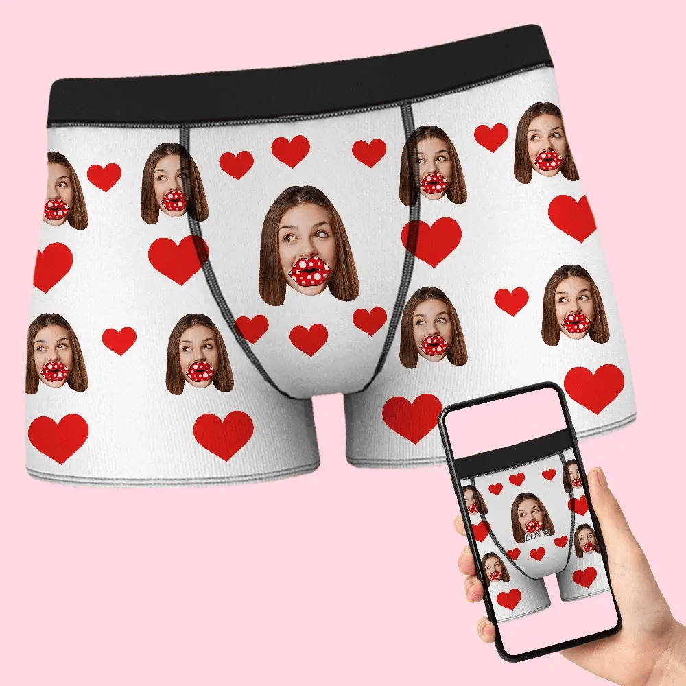 Custom Face Boxers AR View Personalised Heart and Lips Underwear Gift For Boyfriend - MyFaceBoxerUK