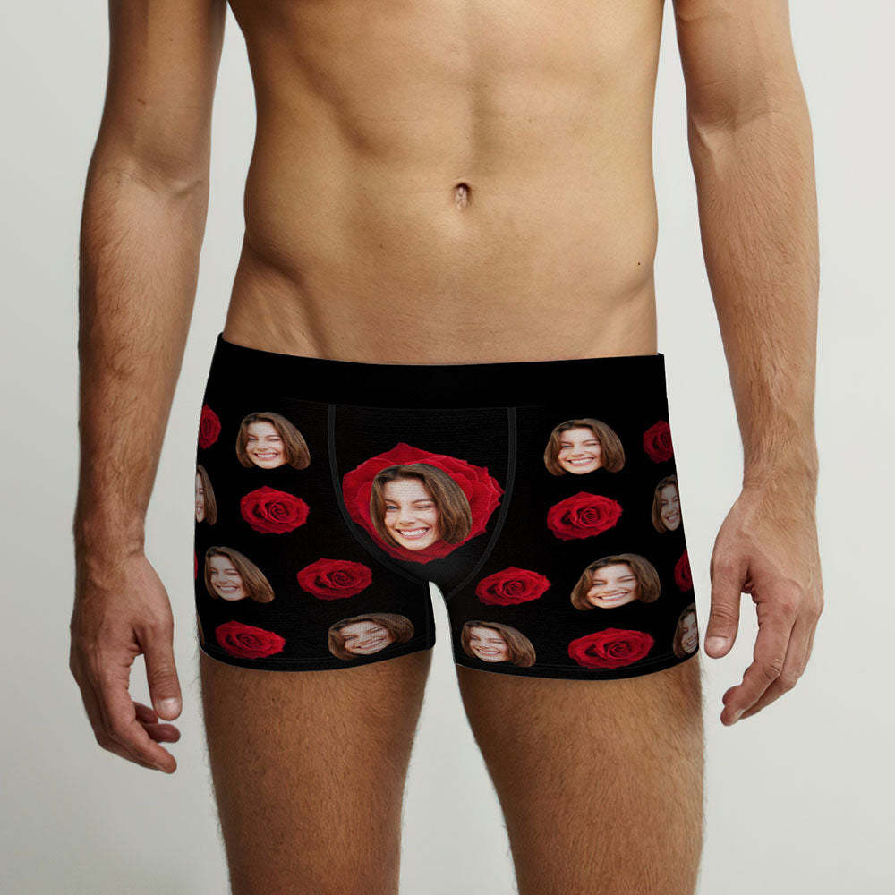 Custom Face Men's Boxers Briefs Personalised Men's Funny Shorts With Photo Romantic Red Rose