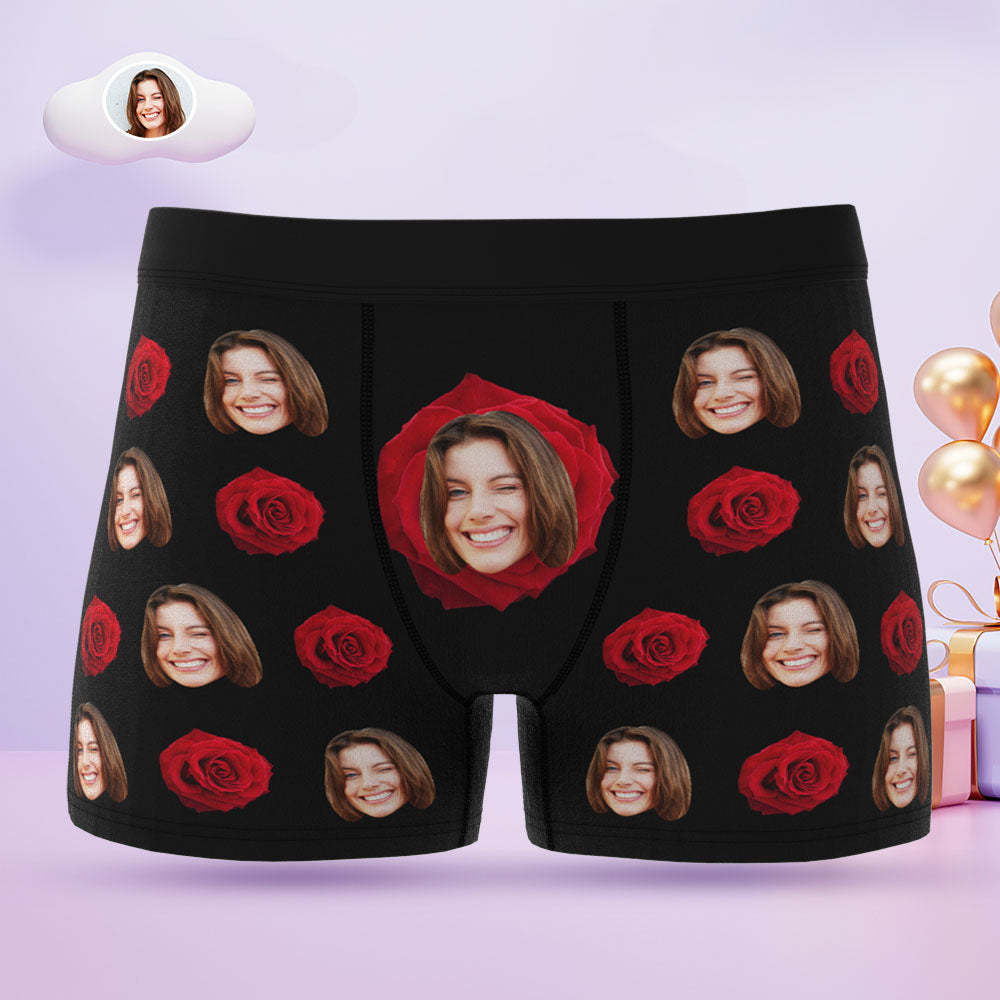 Custom Face Men's Boxers Briefs Personalised Men's Funny Shorts With Photo Romantic Red Rose