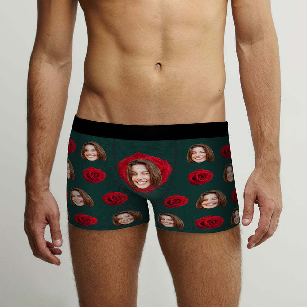 Custom Face Men's Boxers Briefs Personalised Men's Funny Shorts With Photo Romantic Red Rose