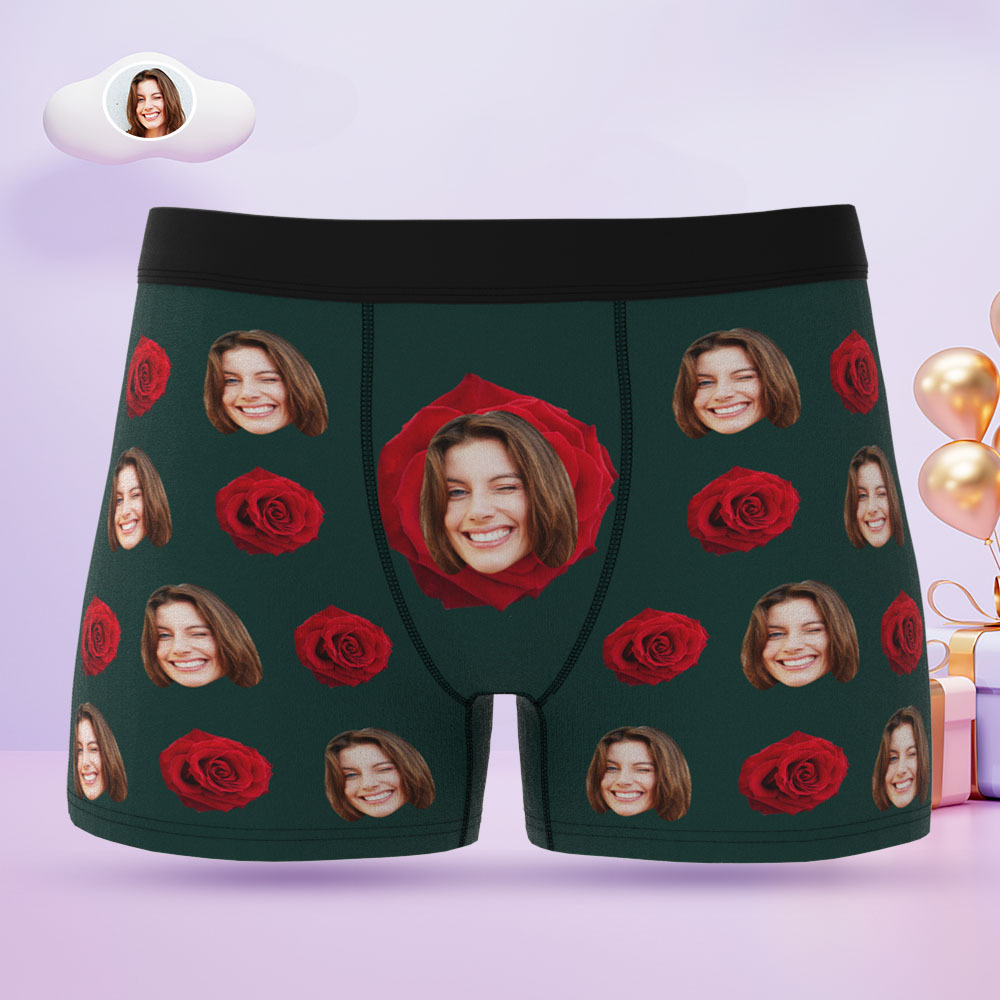 Custom Face Men's Boxers Briefs Personalised Men's Funny Shorts With Photo Romantic Red Rose