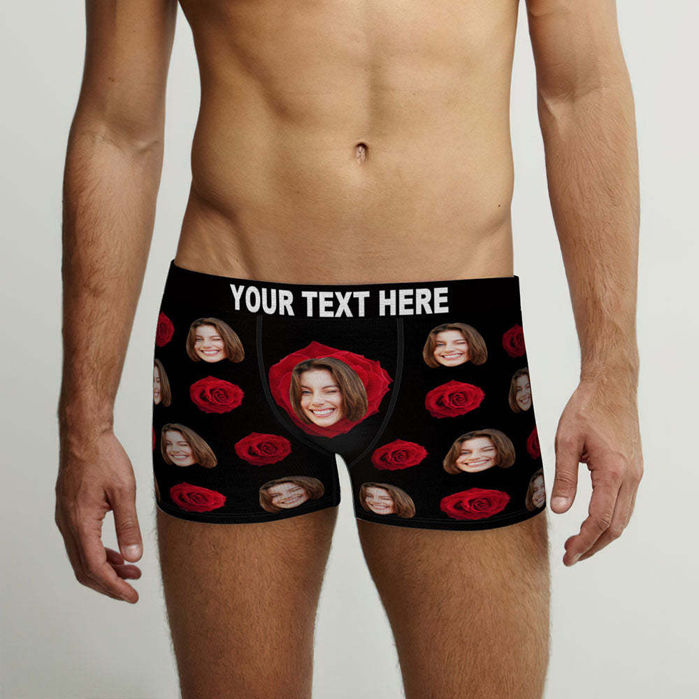 Custom Face Men's Boxers Briefs Personalised Men's Funny Shorts With Photo Romantic Red Rose
