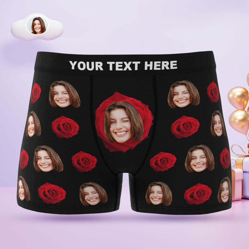 Custom Face Men's Boxers Briefs Personalised Men's Funny Shorts With Photo Romantic Red Rose