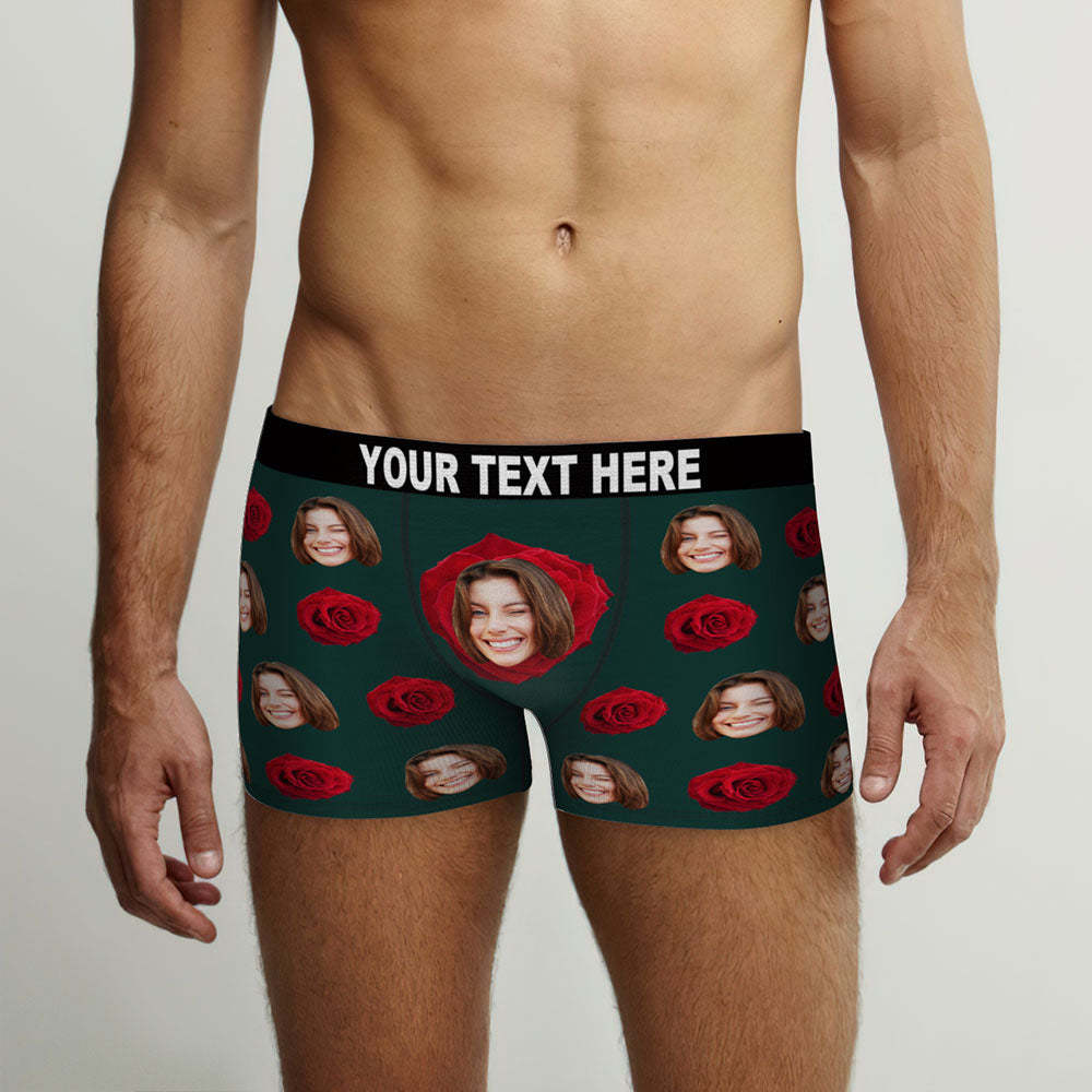 Custom Face Men's Boxers Briefs Personalised Men's Funny Shorts With Photo Romantic Red Rose