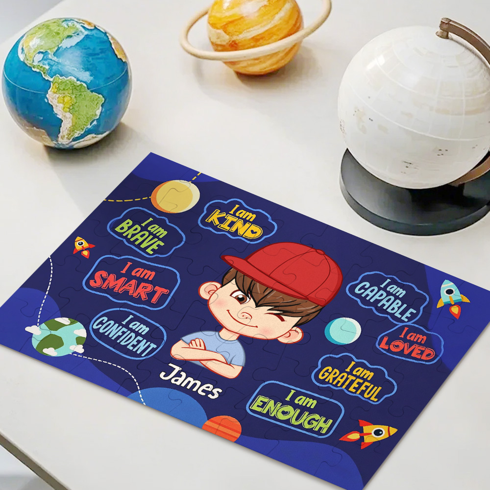 Kids Custom Jigsaw Puzzle | Self-affirmation "I Am Smart" with Name for Boys & Girls | Girls in Rainbow & Boys in Rocket and Universe Design - makephotopuzzleuk