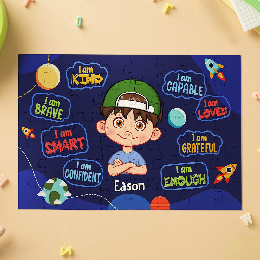 Kids Custom Jigsaw Puzzle | Self-affirmation "I Am Smart" with Name for Boys & Girls | Girls in Rainbow & Boys in Rocket and Universe Design - makephotopuzzleuk