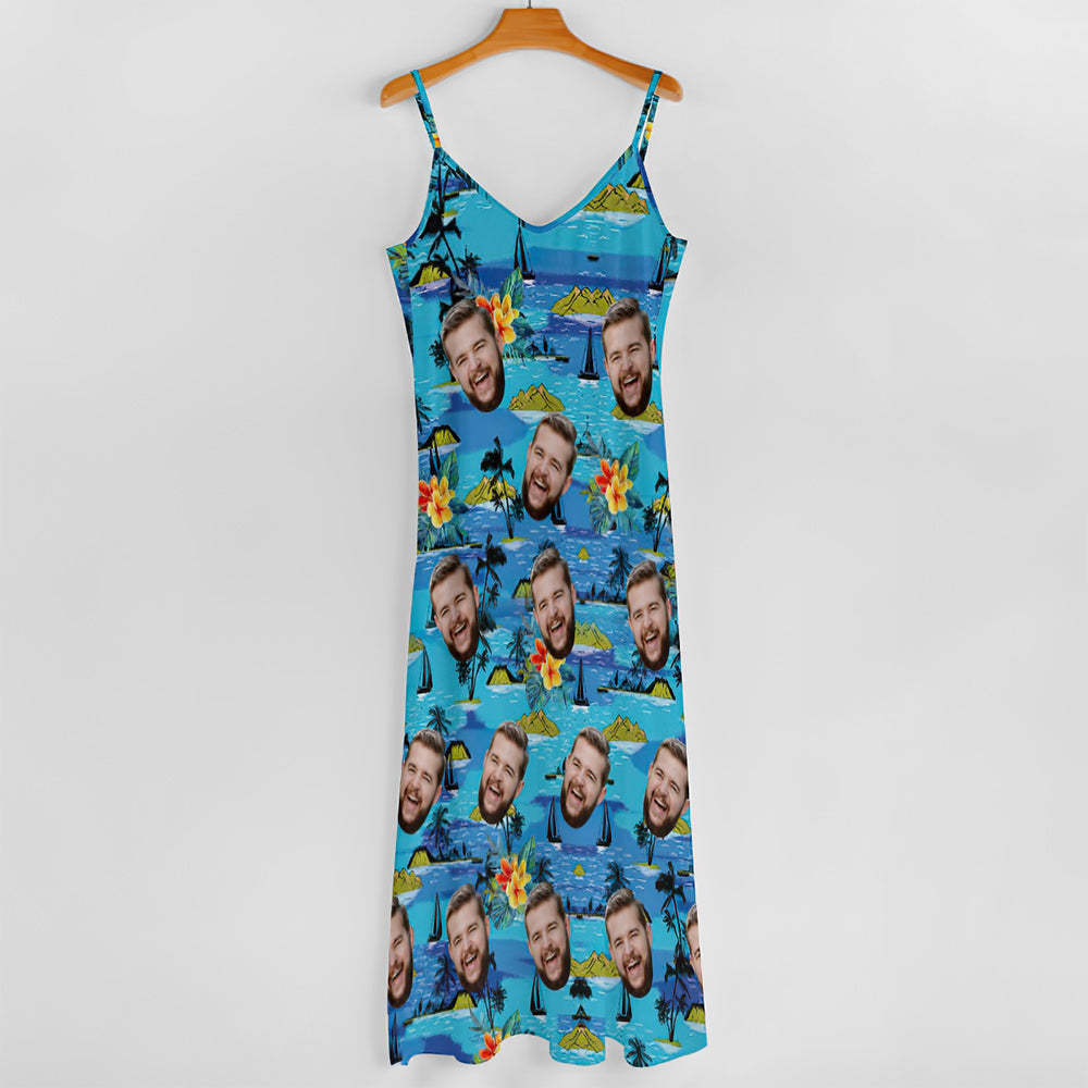 Custom Face Hawaiian Style Vice City Large Leaves Long Dress And Shirt Family Matching - makephotopuzzleuk
