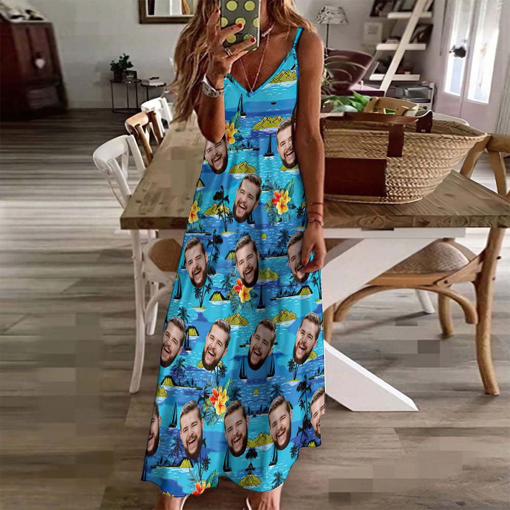 Custom Face Hawaiian Style Vice City Large Leaves Long Dress And Shirt Family Matching - makephotopuzzleuk