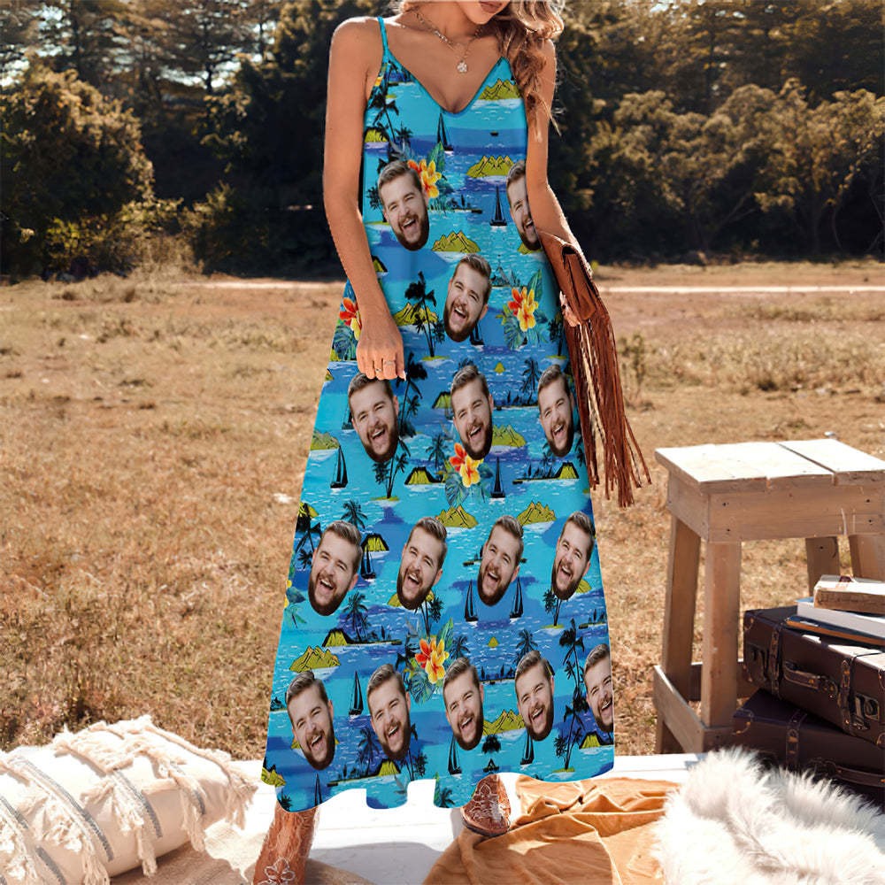 Custom Face Hawaiian Style Vice City Large Leaves Long Dress And Shirt Family Matching - makephotopuzzleuk