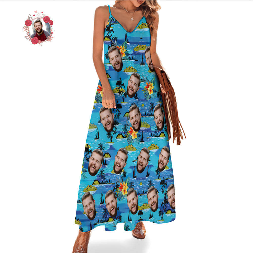 Custom Face Hawaiian Style Vice City Large Leaves Long Dress And Shirt Family Matching - makephotopuzzleuk