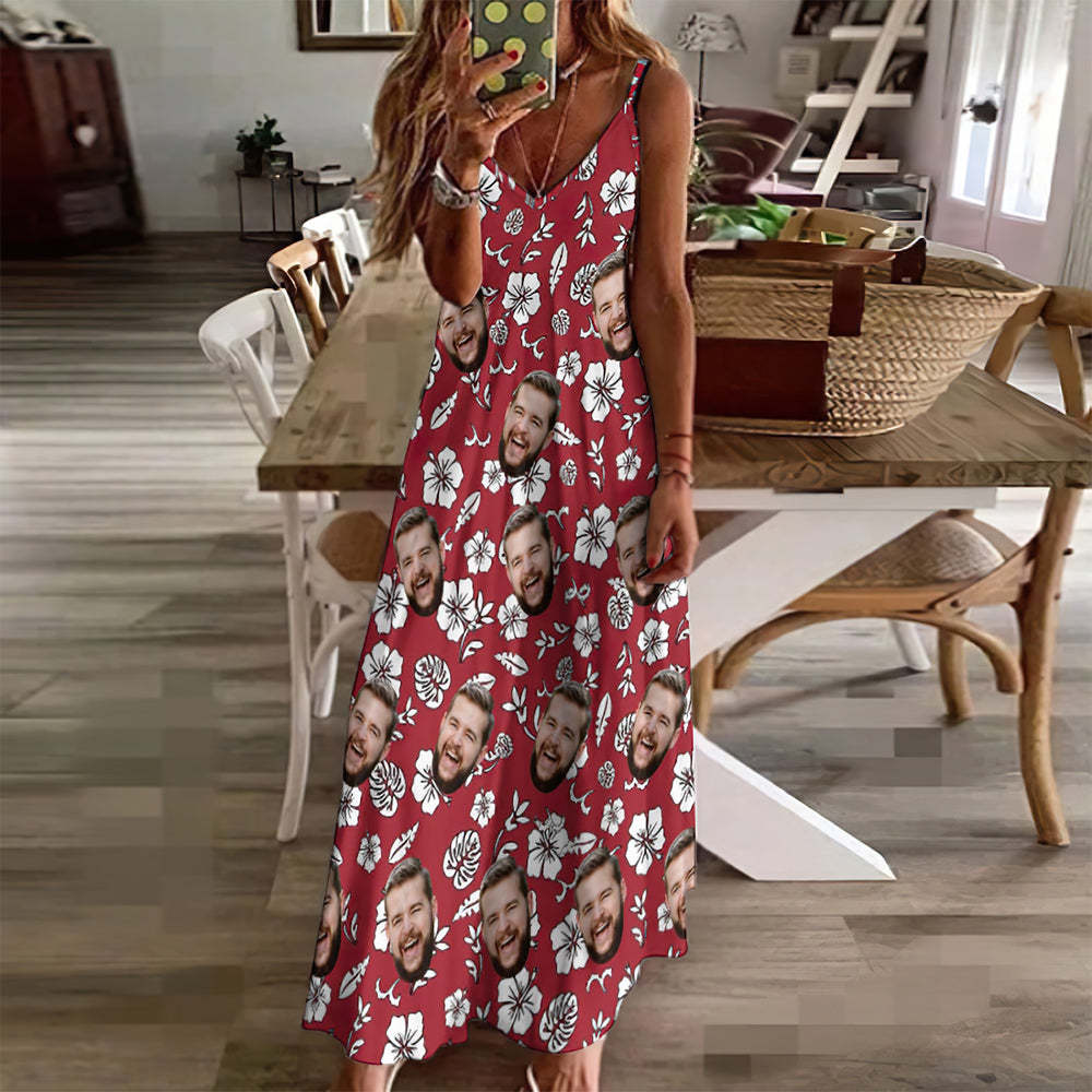 Custom Face Hawaiian Style Red Long Dress And Shirt Couple Outfit White Flowers Design - makephotopuzzleuk
