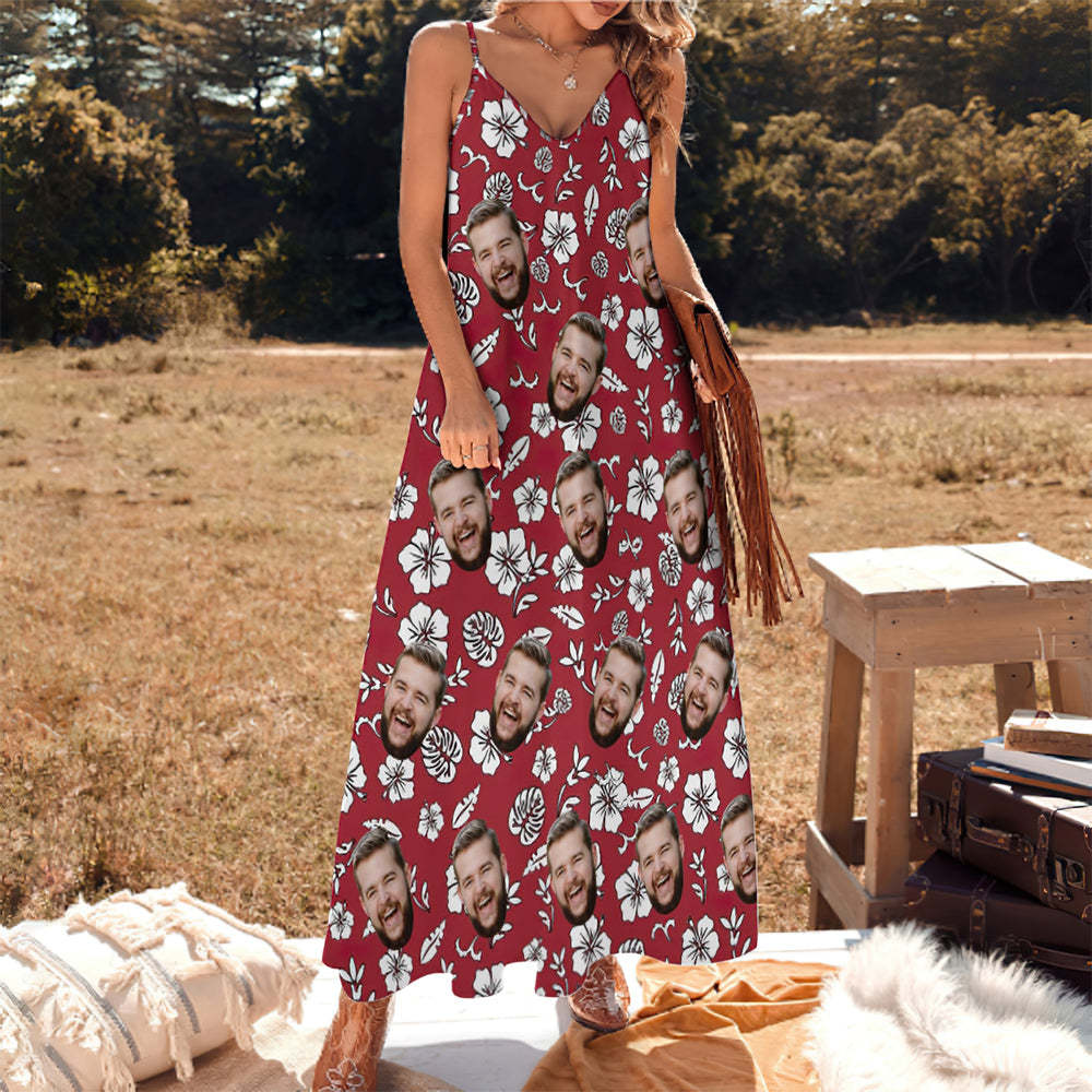 Custom Face Hawaiian Style Red Long Dress And Shirt Couple Outfit White Flowers Design - makephotopuzzleuk