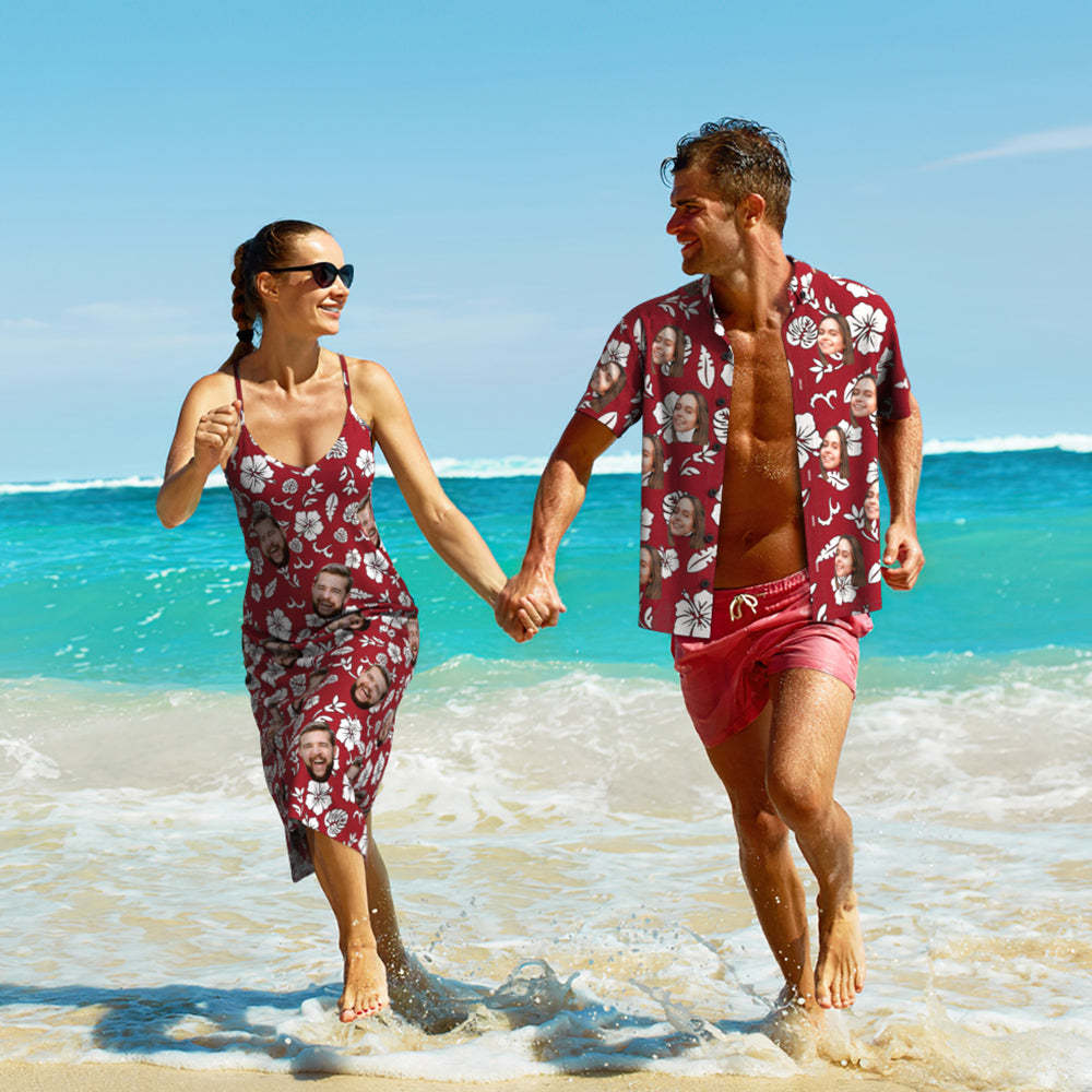 Custom Face Hawaiian Style Red Long Dress And Shirt Couple Outfit White Flowers Design - makephotopuzzleuk
