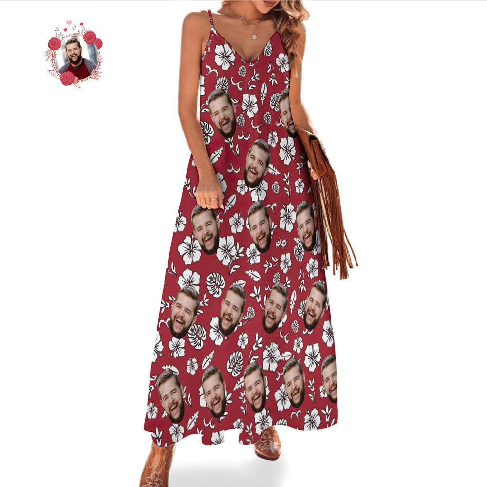 Custom Face Hawaiian Style Red Long Dress And Shirt Couple Outfit White Flowers Design - makephotopuzzleuk