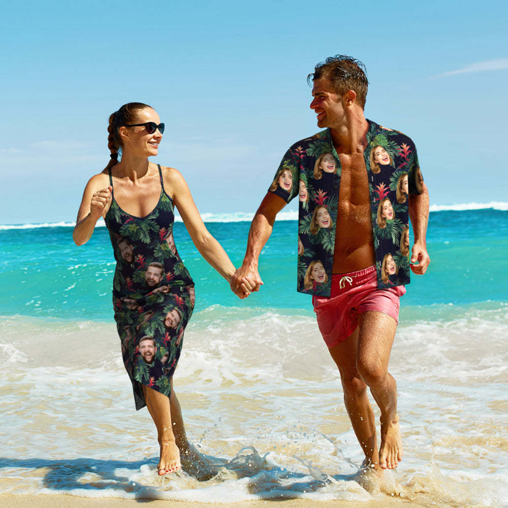 Custom Face Hawaiian Style Bromelia Long Dress And Shirt Couple Outfit - makephotopuzzleuk