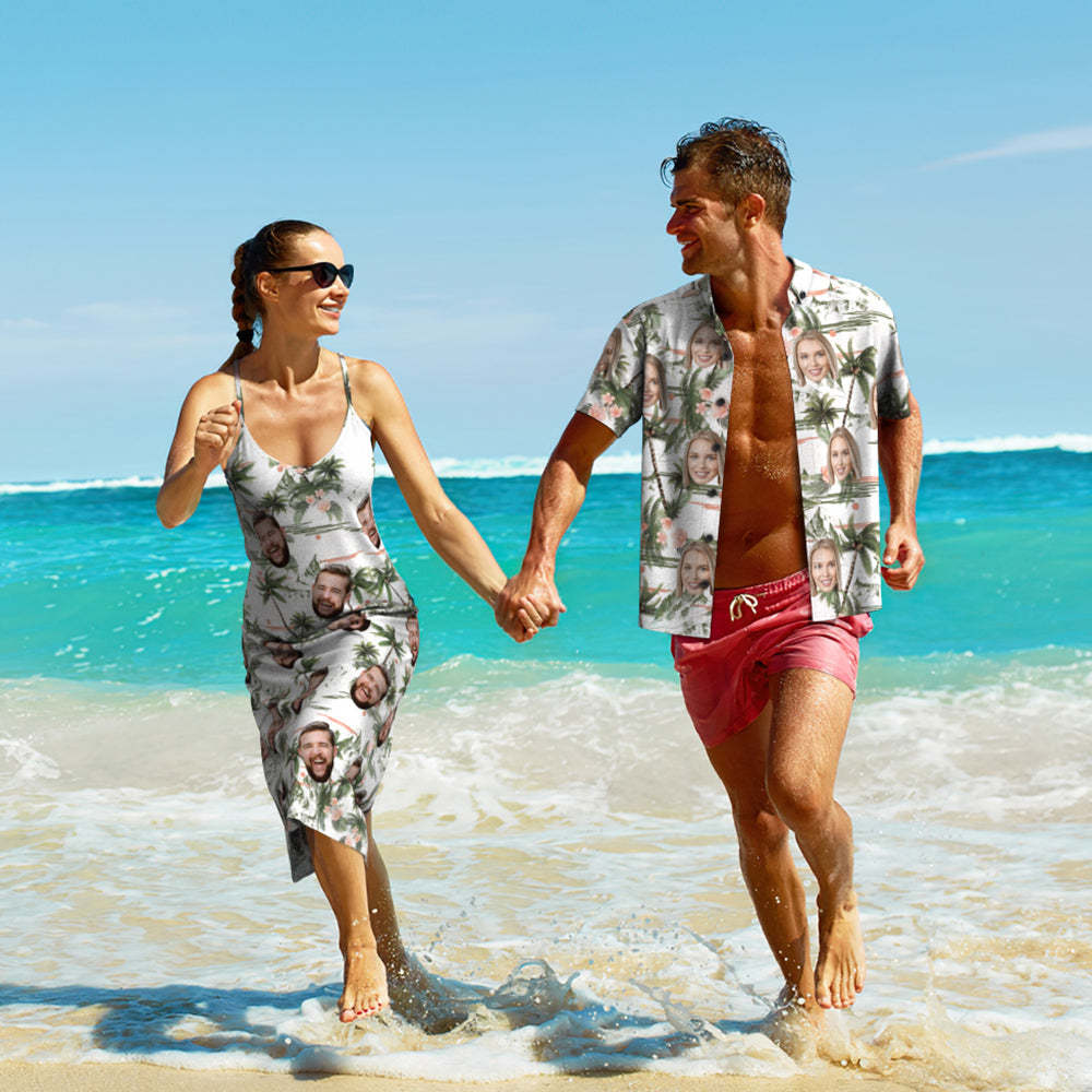 Custom Face Hawaiian Style Coconut Tree Long Dress And Shirt Couple Outfit - makephotopuzzleuk