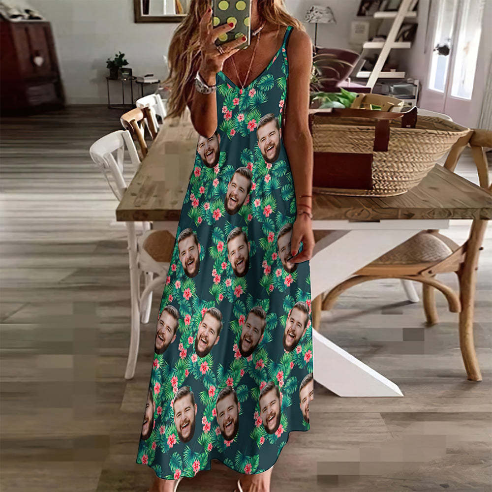 Custom Face Hawaiian Style Red Flowers Long Dress And Shirt Family Matching - makephotopuzzleuk