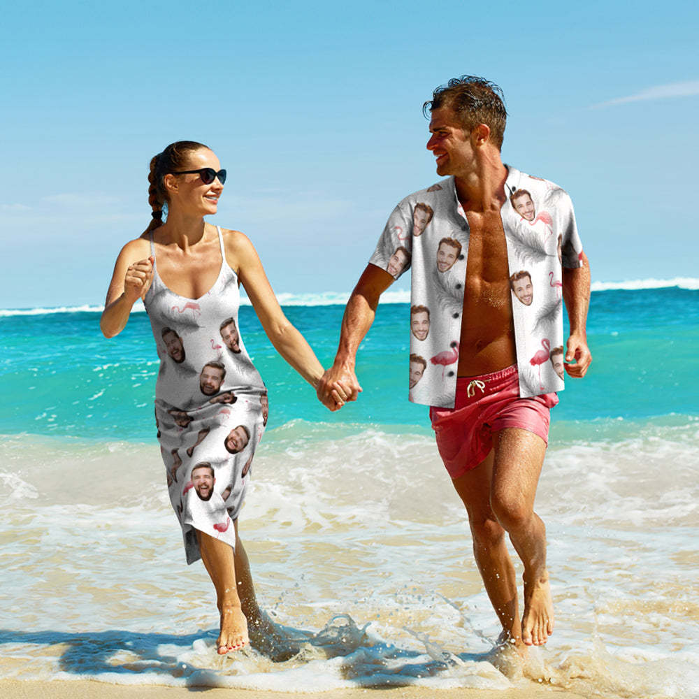 Custom Face Hawaiian Style Feather And Flamingo Long Dress And Shirt Couple Outfit - makephotopuzzleuk