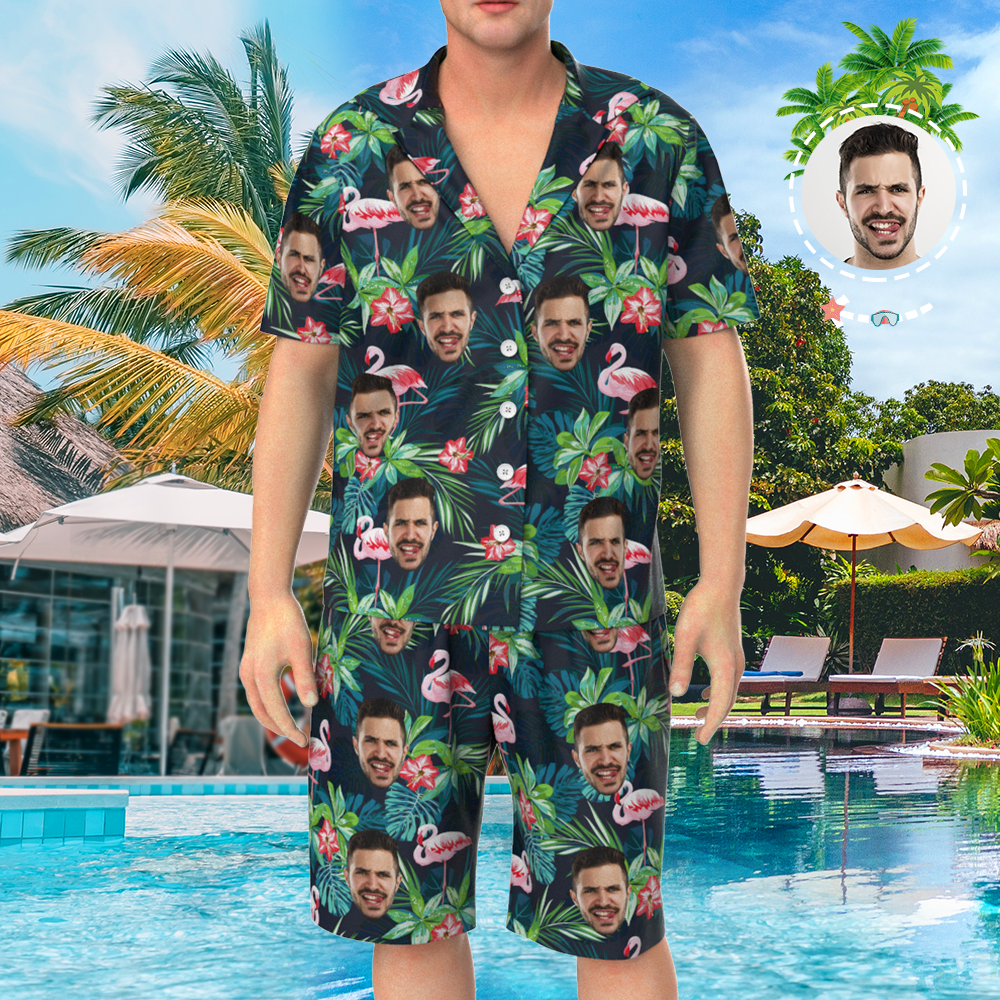 Custom Face On Pajamas Set, Short Sleeve Sleepwear, Button-Down Nightwear - Leaves & Flamingo