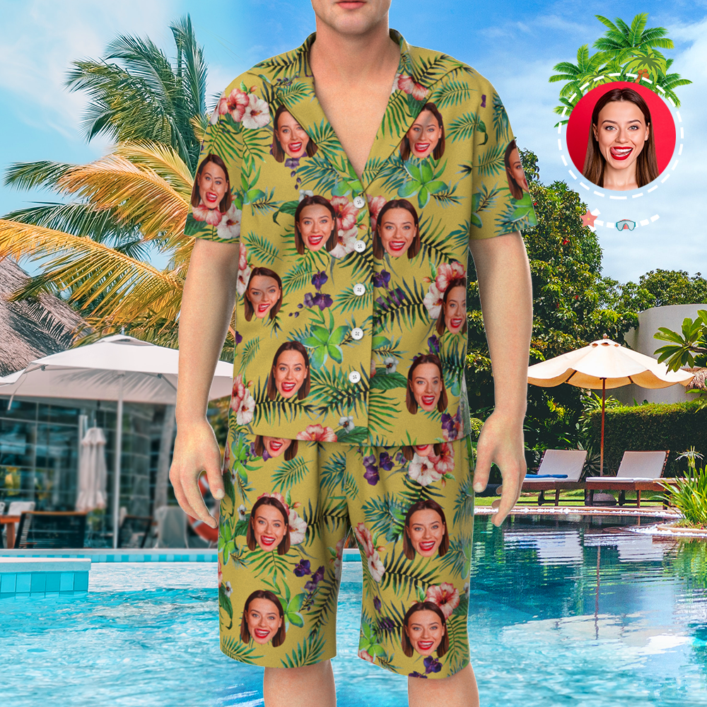 Custom Face On Pajamas Set, Short Sleeve Sleepwear, Button-Down Nightwear - Yellow