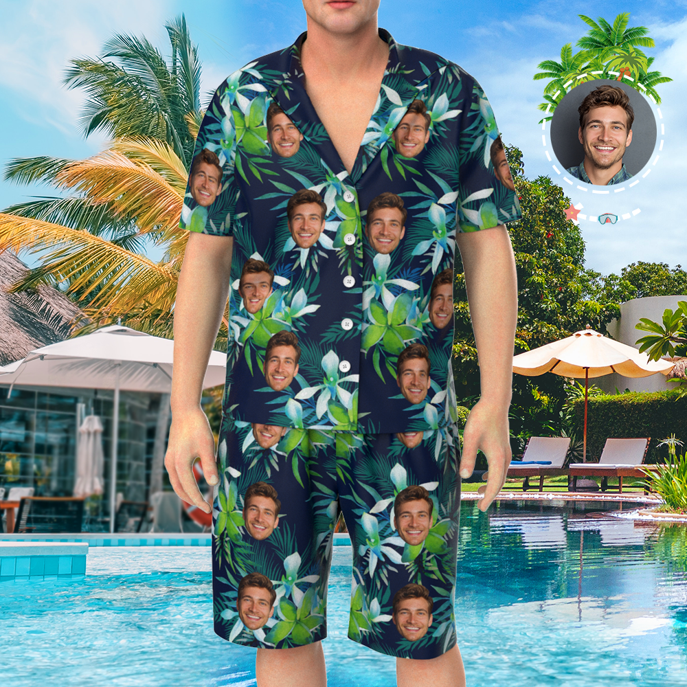 Custom Face On Pajamas Set, Short Sleeve Sleepwear, Button-Down Nightwear - Leaves
