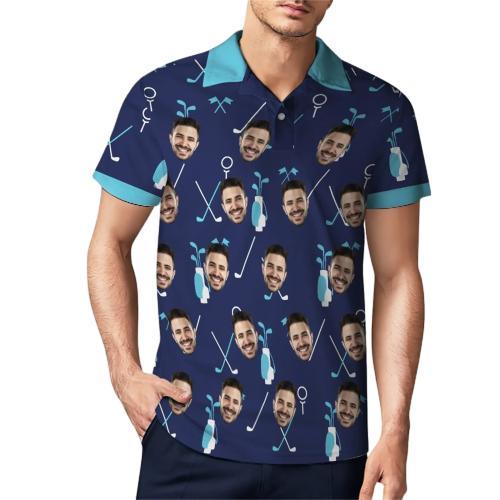 Custom Face Blue Polo Shirt For Men Personalised Golf Shirts