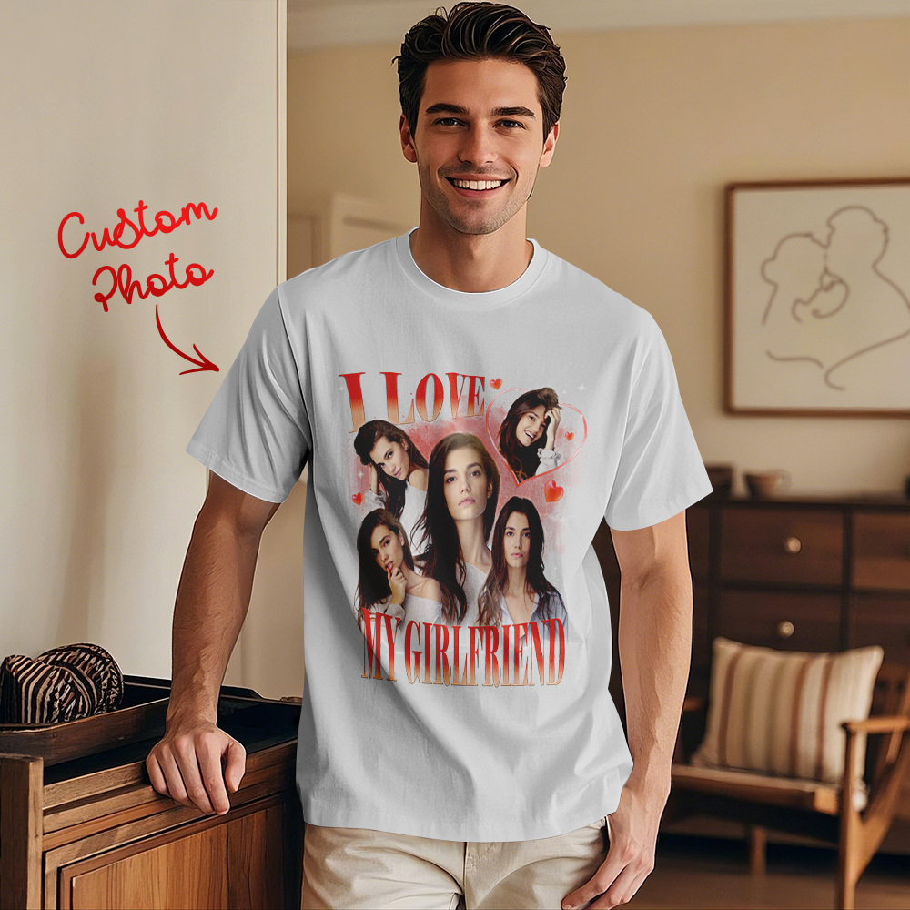 Custom Vintage Photo Printing T-shirt Personalized I Love My Girlfriend Photo Heart T-shirt - makephotopuzzleuk