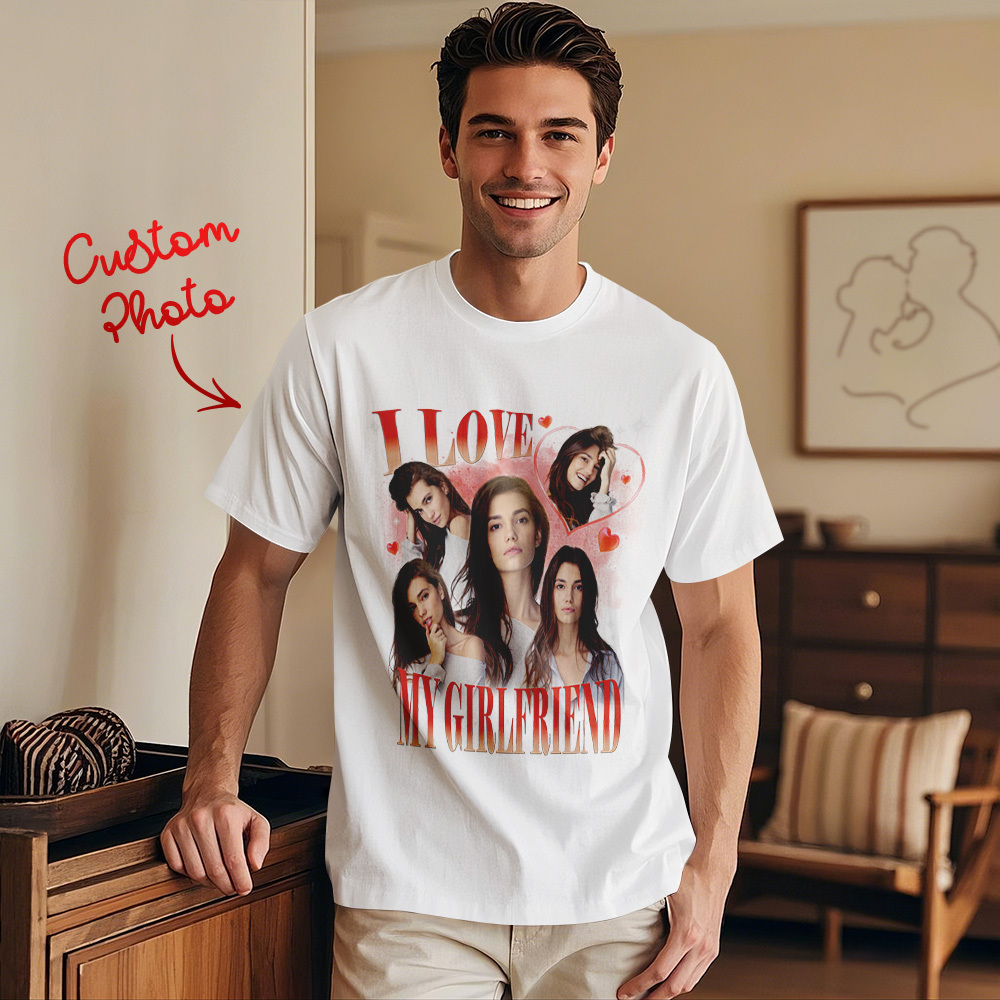 Custom Vintage Photo Printing T-shirt Personalized I Love My Girlfriend Photo Heart T-shirt - makephotopuzzleuk