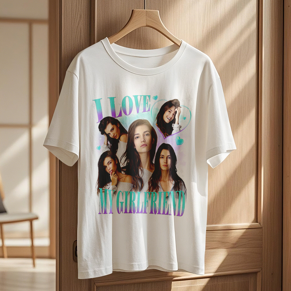 Custom Vintage Photo Printing T-shirt Personalized I Love My Girlfriend Photo Heart T-shirt - makephotopuzzleuk
