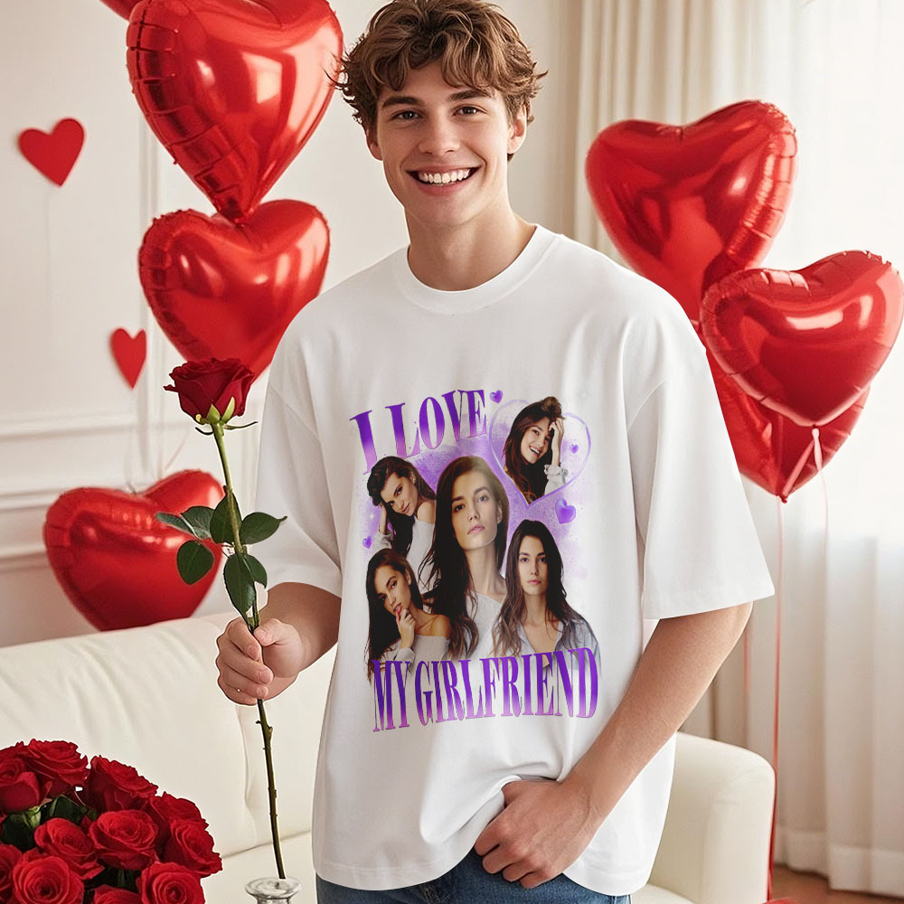 Custom Vintage Photo Printing T-shirt Personalized I Love My Girlfriend Photo Heart T-shirt - makephotopuzzleuk