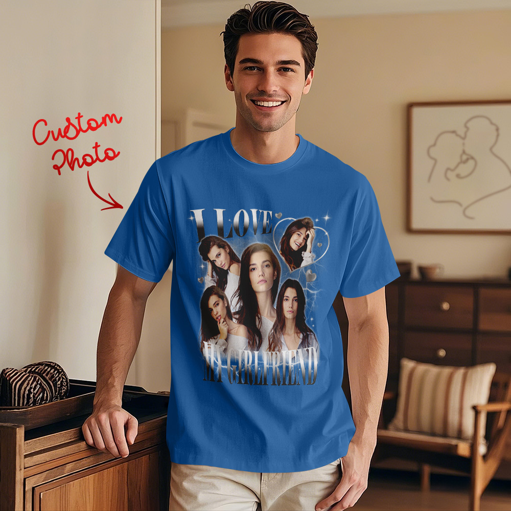 Custom Vintage Photo Printing T-shirt Personalized I Love My Girlfriend Photo Heart T-shirt - makephotopuzzleuk