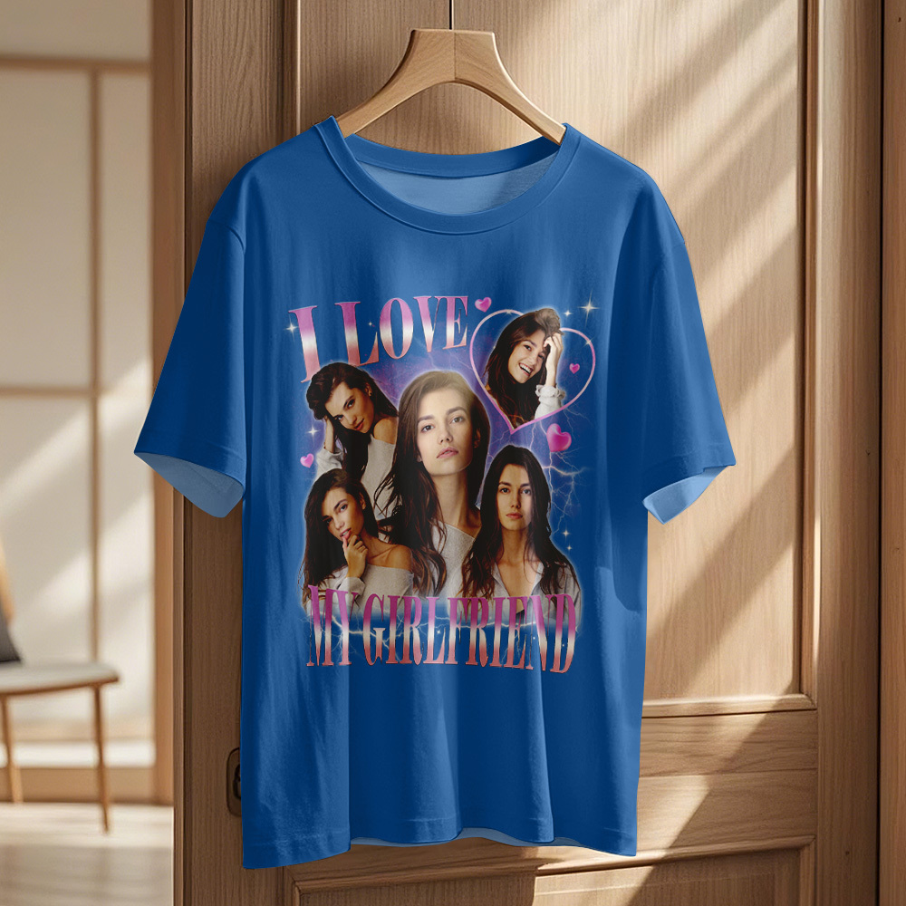 Custom Vintage Photo Printing T-shirt Personalized I Love My Girlfriend Photo Heart T-shirt - makephotopuzzleuk