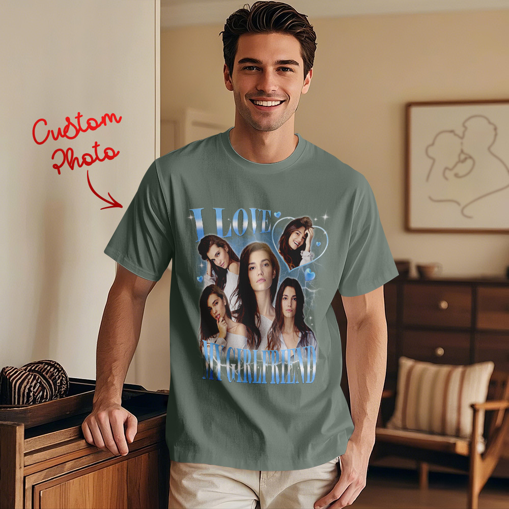 Custom Vintage Photo Printing T-shirt Personalized I Love My Girlfriend Photo Heart T-shirt - makephotopuzzleuk