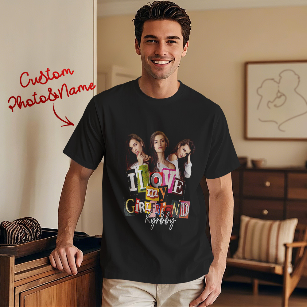 Custom Vintage Photo Printing T-shirt Personalized Name I Love My Girlfriend Photo Vintage T-shirt - makephotopuzzleuk