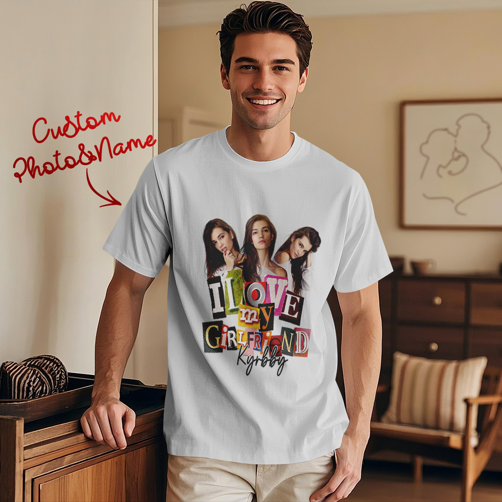 Custom Vintage Photo Printing T-shirt Personalized Name I Love My Girlfriend Photo Vintage T-shirt - makephotopuzzleuk