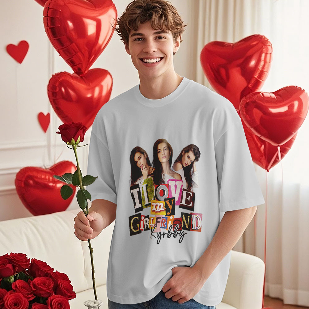 Custom Vintage Photo Printing T-shirt Personalized Name I Love My Girlfriend Photo Vintage T-shirt - makephotopuzzleuk