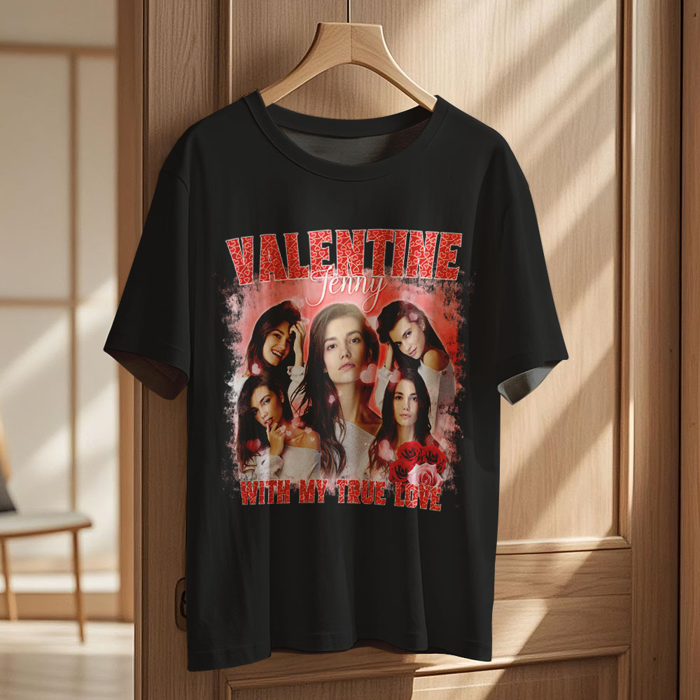 Custom Vintage Photo Printing T-shirt Personalized Valentine With My True Love Photo Vintage T-shirt - makephotopuzzleuk