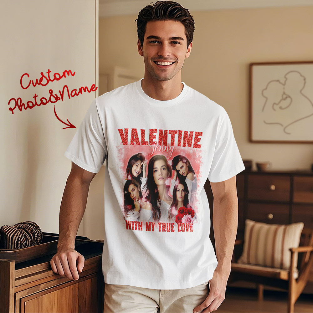 Custom Vintage Photo Printing T-shirt Personalized Valentine With My True Love Photo Vintage T-shirt - makephotopuzzleuk