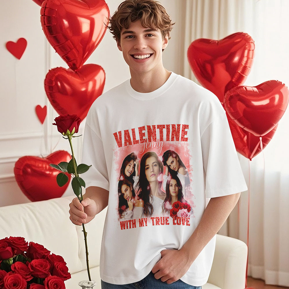 Custom Vintage Photo Printing T-shirt Personalized Valentine With My True Love Photo Vintage T-shirt - makephotopuzzleuk
