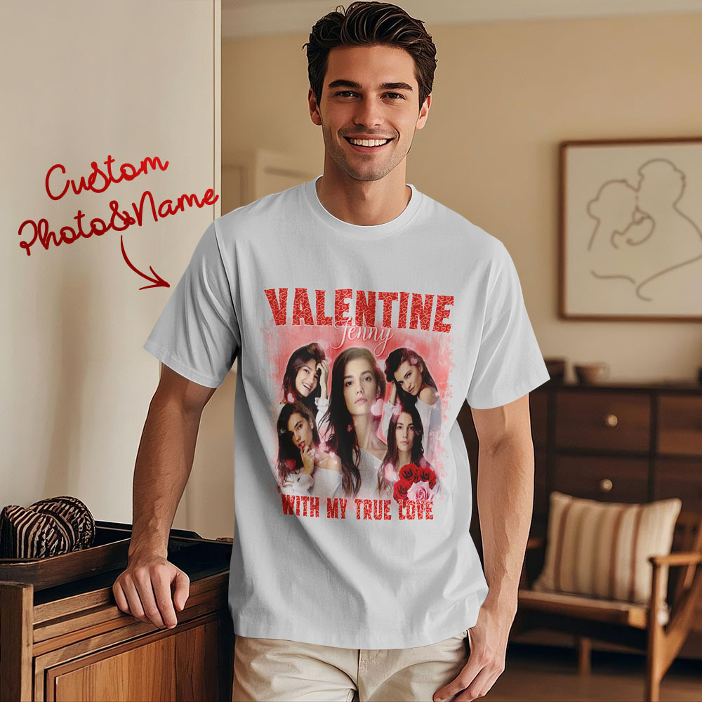 Custom Vintage Photo Printing T-shirt Personalized Valentine With My True Love Photo Vintage T-shirt - makephotopuzzleuk
