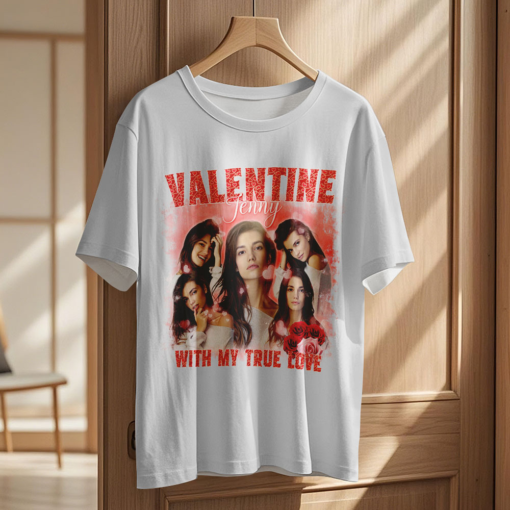 Custom Vintage Photo Printing T-shirt Personalized Valentine With My True Love Photo Vintage T-shirt - makephotopuzzleuk