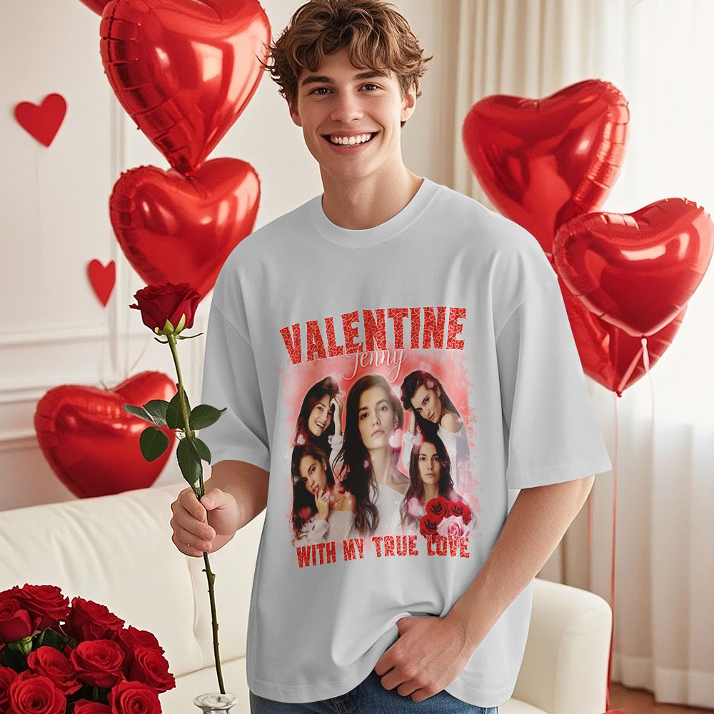 Custom Vintage Photo Printing T-shirt Personalized Valentine With My True Love Photo Vintage T-shirt - makephotopuzzleuk