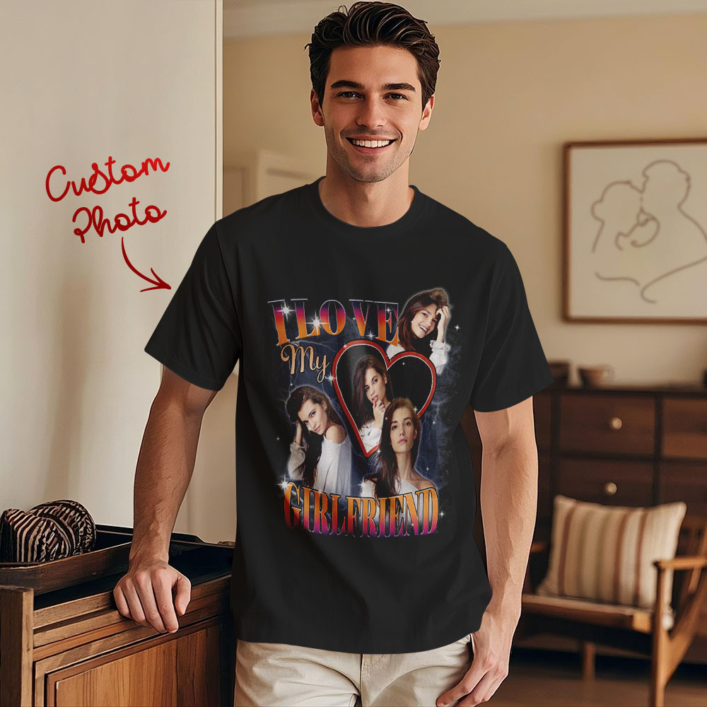 Custom Vintage Photo Printing T-shirt Personalized Soulmate I Love My Girlfriend Photo Heart T-shirt - makephotopuzzleuk
