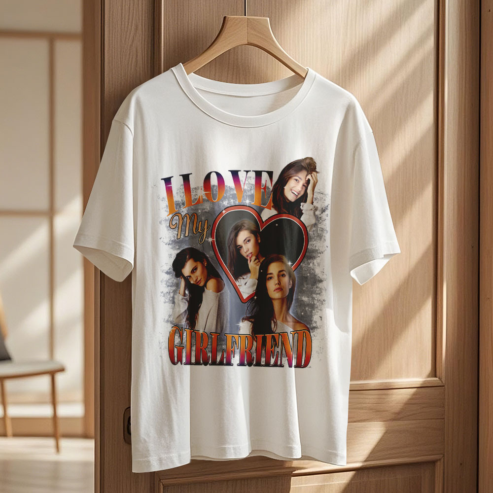 Custom Vintage Photo Printing T-shirt Personalized Soulmate I Love My Girlfriend Photo Heart T-shirt - makephotopuzzleuk