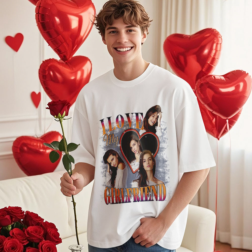 Custom Vintage Photo Printing T-shirt Personalized Soulmate I Love My Girlfriend Photo Heart T-shirt - makephotopuzzleuk