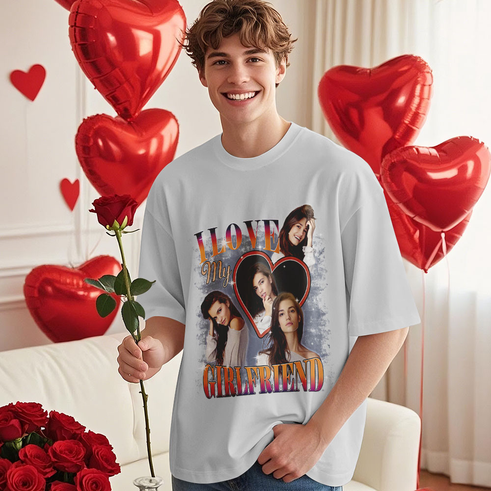 Custom Vintage Photo Printing T-shirt Personalized Soulmate I Love My Girlfriend Photo Heart T-shirt - makephotopuzzleuk