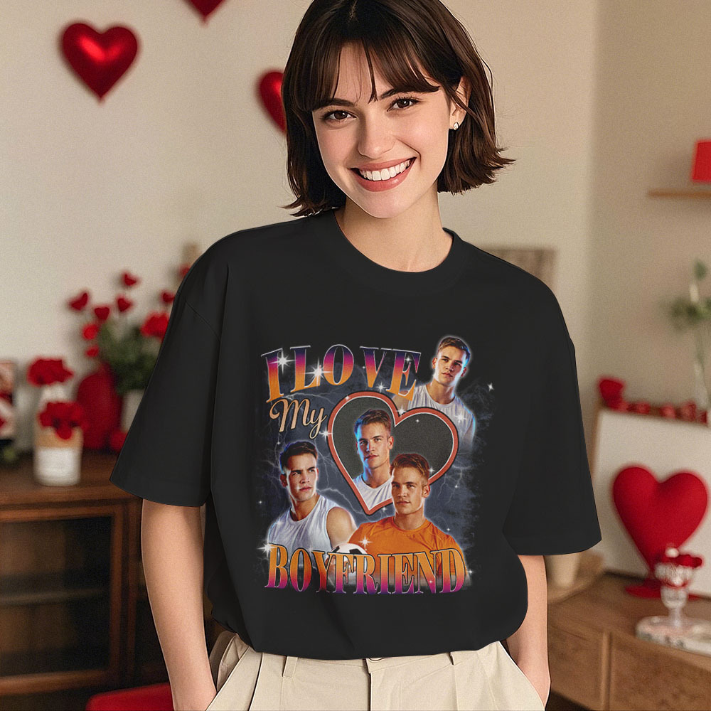Custom Vintage Photo Printing T-shirt Personalized Soulmate I Love My Girlfriend Photo Heart T-shirt - makephotopuzzleuk