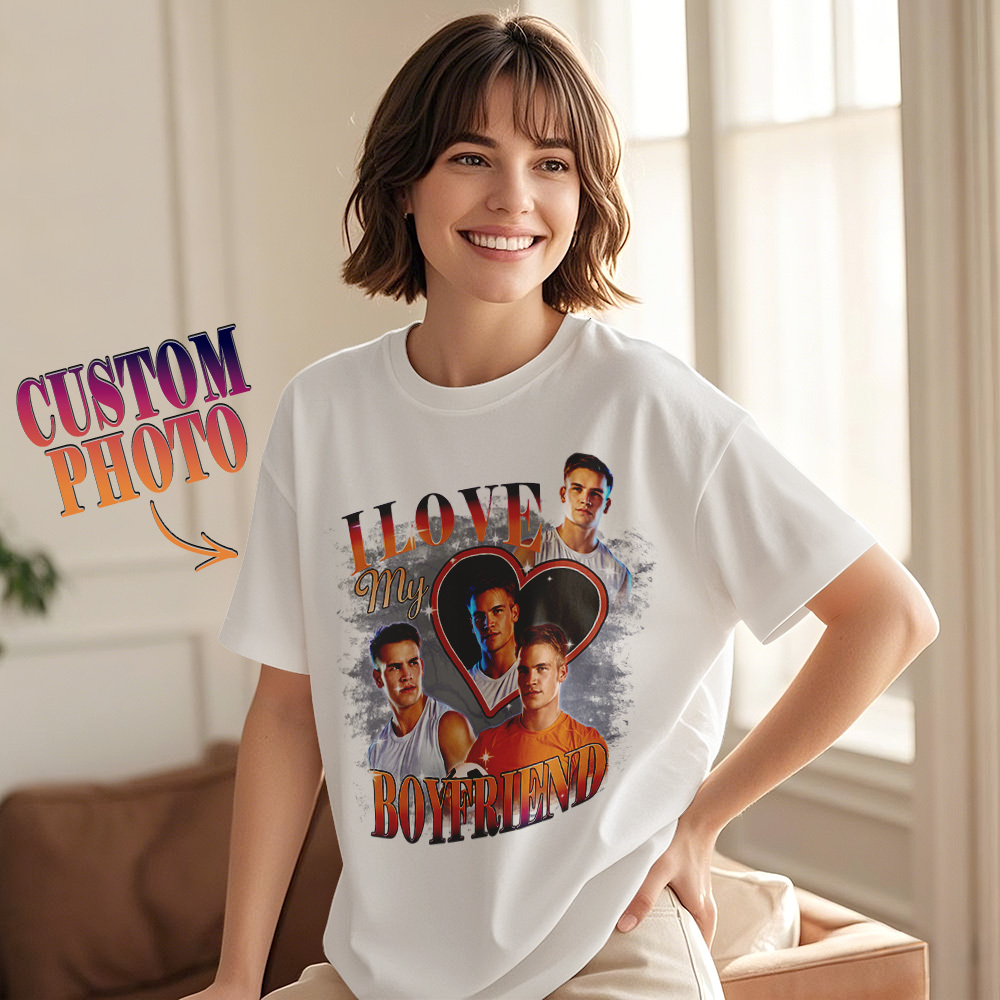 Custom Vintage Photo Printing T-shirt Personalized Soulmate I Love My Girlfriend Photo Heart T-shirt - makephotopuzzleuk