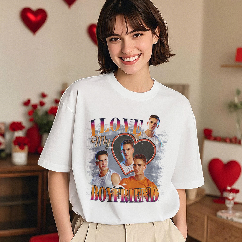 Custom Vintage Photo Printing T-shirt Personalized Soulmate I Love My Girlfriend Photo Heart T-shirt - makephotopuzzleuk