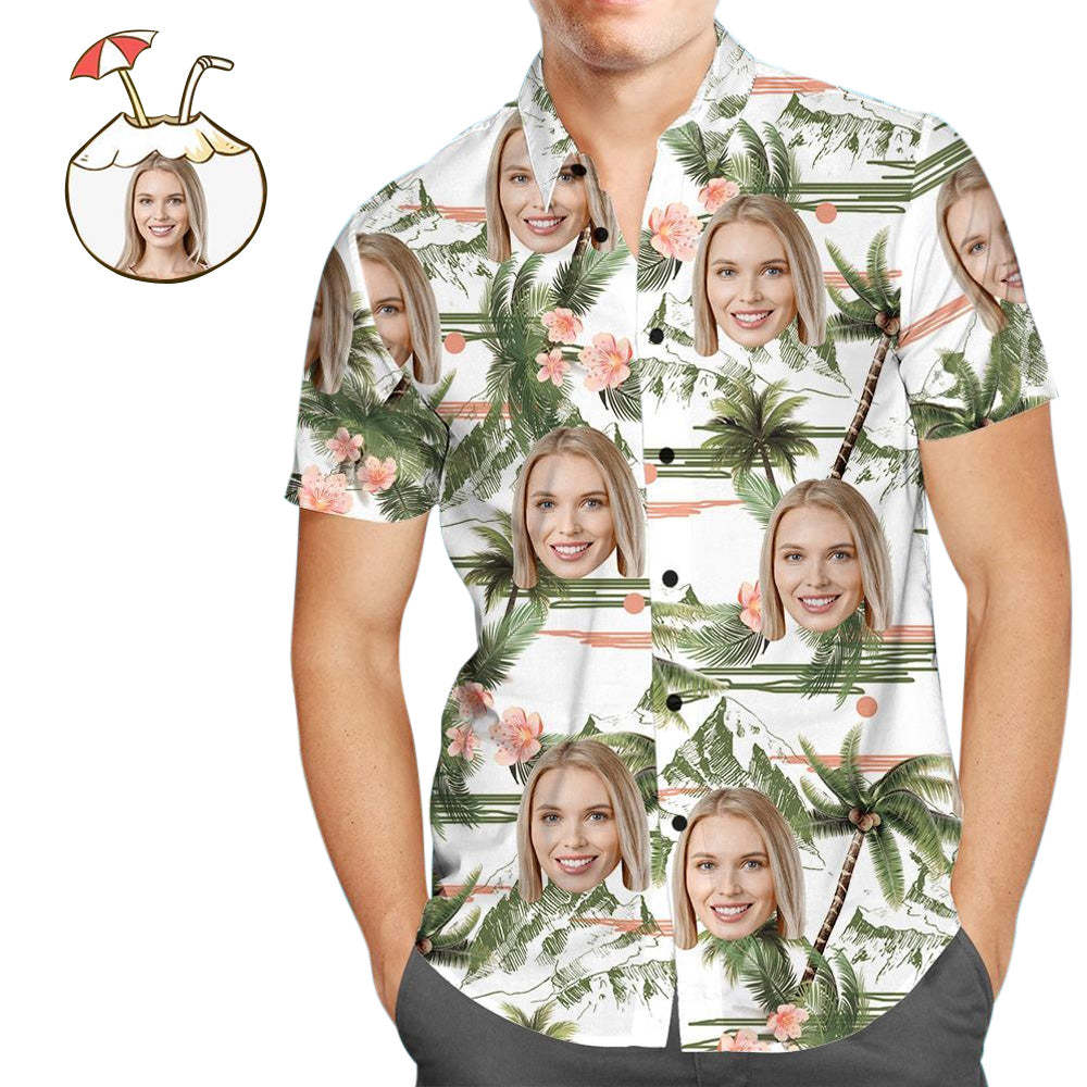 Custom Face Hawaiian Style Coconut Tree Long Dress And Shirt Couple Outfit - makephotopuzzleuk